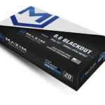 MAXIM 8.6 BLK 235GR TUI SBA black, blue and white ammunition box in angled front view