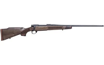 Howa M1500, right-side view of bolt-action rifle with walnut stock and long black barrel