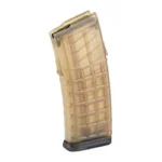 MAG STEYR AUG translucent amber curved magazine in angled side view with black baseplate