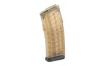 MAG STEYR AUG translucent amber curved magazine in angled side view with black baseplate