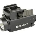 OLIGHT BALDR S BLUE LASER, black weapon light in right-side view with lens and rail mount