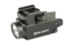 OLIGHT BALDR S BLUE LASER, black weapon light in right-side view with lens and rail mount