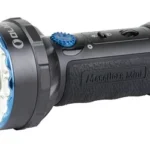 Olight Marauder Mini black handheld flashlight in angled view with blue bezel and controls