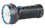 Olight Marauder Mini black handheld flashlight in angled view with blue bezel and controls