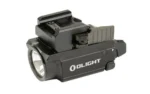 Olight Baldr Mini black weapon light in right-side view with mounting clamp and lens