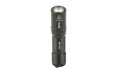primary-10310 FENIX E01 V2, front view of black cylindrical keychain flashlight with lens visible