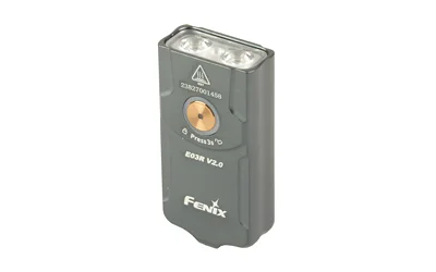 primary-10311 FENIX E03R V2, front view of grey rectangular keychain flashlight with dual lights