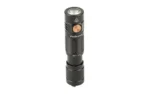 FENIX E05R, front view of black mini flashlight with lens and copper-coloured side button