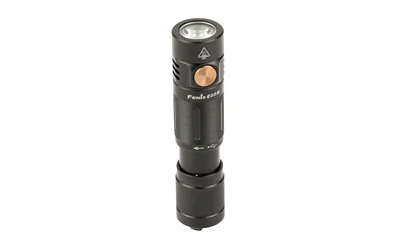 FENIX E05R, front view of black mini flashlight with lens and copper-coloured side button