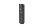 FENIX E06RPRO black, angled front view with rectangular body, round button and side port