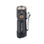 FENIX E18R V2 black, angled front view with round lens, side button and pocket clip