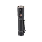 FENIX E28R V2 black, angled front view with round lens, side button and pocket clip