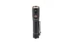 FENIX E28R V2 black, angled front view with round lens, side button and pocket clip