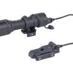 FENIX 800 LUMEN RECHARGE RIFLE LIGHT black, side view with mount, cable and remote switch