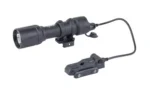 FENIX 800 LUMEN RECHARGE RIFLE LIGHT black, side view with mount, cable and remote switch