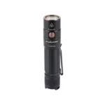 FENIX E35R black flashlight, angled front view with round lens, side button and pocket clip