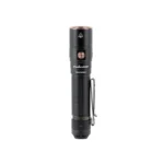 FENIX LD30R black flashlight, upright front view with side button and pocket clip