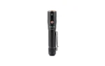FENIX LD30R black flashlight, upright front view with side button and pocket clip