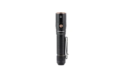 primary-10325 FENIX LD30R black flashlight, upright front view with side button and pocket clip