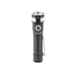 FENIX LD35R black flashlight, upright front view with ribbed grip, side button and clip