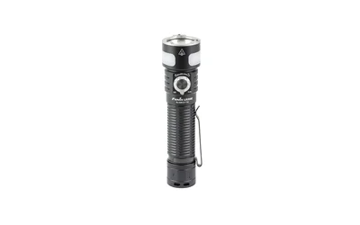 primary-10326 FENIX LD35R black flashlight, upright front view with ribbed grip, side button and clip