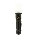 FENIX LD36R black flashlight, upright front view with white diffuser, side button and clip