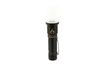 primary-10327 FENIX LD36R black flashlight, upright front view with white diffuser, side button and clip