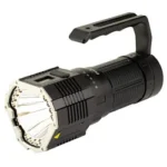 FENIX LR60R black rechargeable searchlight, angled front view with wide reflector and handle