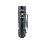 FENIX PD26R ACE black flashlight, upright front view with side button and pocket clip