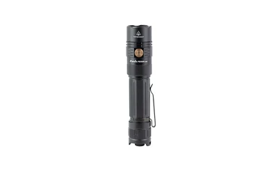primary-10332 FENIX PD36RACE black flashlight, side view with pocket clip and copper-tone button