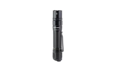 primary-10333 FENIX PD36R PRO black flashlight, side view with textured body and pocket clip