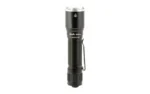 FENIX TK16 V2 black tactical flashlight, side view with flared bezel and pocket clip