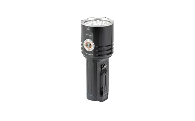 primary-10336 FENIX LR35RPRO black flashlight, angled front view with broad lens and side button