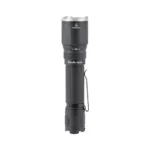 FENIX TK21R black flashlight, side view with pocket clip and silver bezel