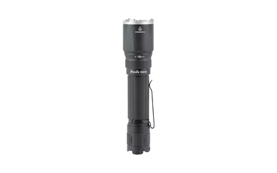 primary-10338 FENIX TK21R black flashlight, side view with pocket clip and silver bezel