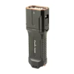 FENIX TK28R black tactical flashlight, angled front view with rectangular head and ribbed grip