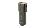 FENIX TK28R black tactical flashlight, angled front view with rectangular head and ribbed grip