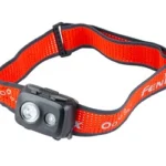 FENIX HL16 black headlamp, front view with dual lights and red adjustable headband