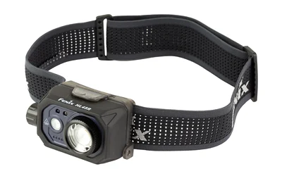 primary-10347 FENIX HL45R black headlamp, angled front view with dual lights and wide black headband