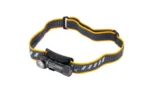 FENIX HM23 V2 black headlamp, angled side view with cylindrical light and yellow-trimmed band