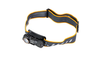 FENIX HM50R V2 black headlamp, angled side view with cylindrical light and yellow-trimmed band