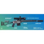 Q Q THE FIX blue rifle, right-side diagram with scope, adjustable stock, magazine and suppressor