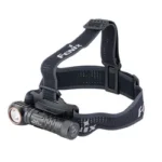 Fenix HM61R V3 black headlamp, front three-quarter view with cylindrical lamp and top strap