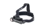 Fenix HM61R V3 black headlamp, front three-quarter view with cylindrical lamp and top strap