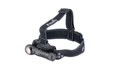 primary-10351 Fenix HM61R V3 black headlamp, front three-quarter view with cylindrical lamp and top strap