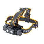 Fenix HM70R black headlamp, front three-quarter view with dual lights and yellow-trimmed straps