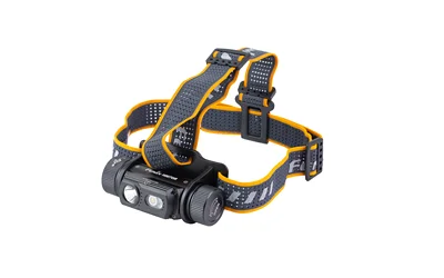 primary-10352 Fenix HM70R black headlamp, front three-quarter view with dual lights and yellow-trimmed straps