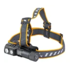 Fenix HM71R black headlamp, front three-quarter view with dual round lights and yellow trim