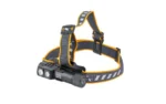 Fenix HM71R black headlamp, front three-quarter view with dual round lights and yellow trim