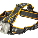 Fenix HP25R V2 black headlamp, front view with twin lights, yellow trim and rear battery pack